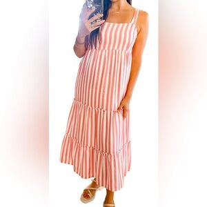 Isabel Maternity Midi Tie Strap Sleeve Feminine Pink Stripe Dress